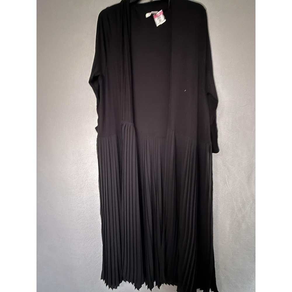 August Silk Cardigan Sweater Womens Large Black Pleated Chiffon Open Duster‎
